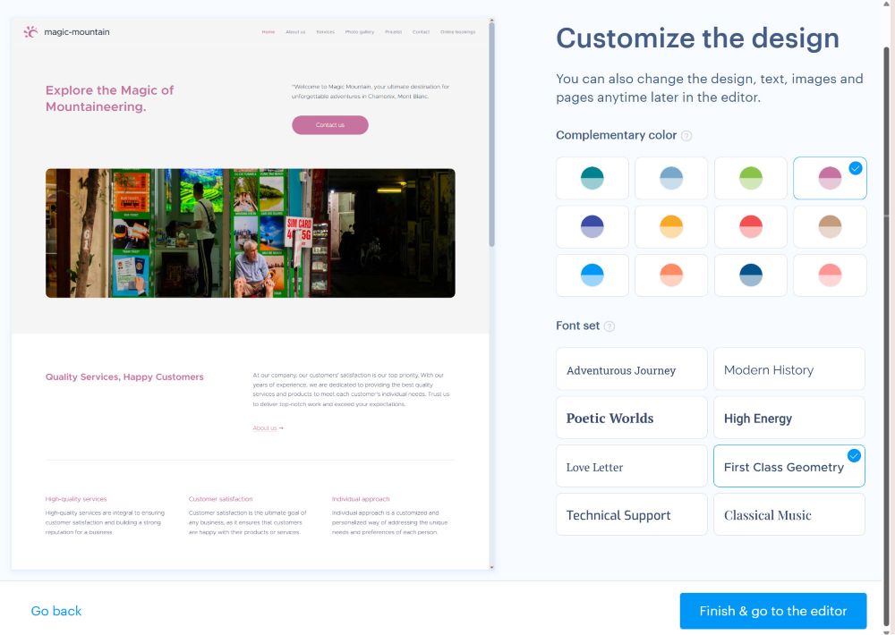 Customize design. Customize colours and font of the selected template.