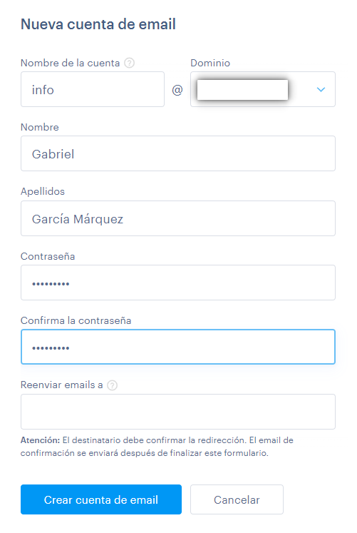 Formulario para crear una cuenta de correo con un nombre de dominio