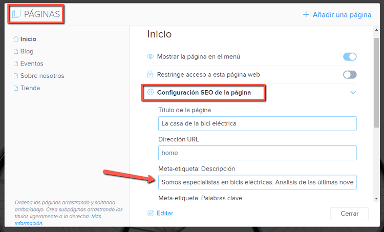 Descripción SEO (meta) en el creador de páginas web Webnode