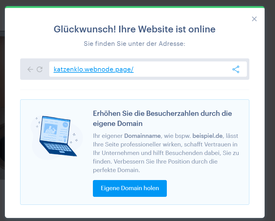 Beispiel einer Webnode Subdomain online, nach dem Publizieren der kostenlosen Website