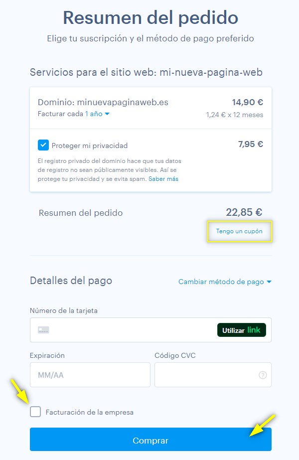 Selecciona el método de pago y haz clic en el botón Comprar