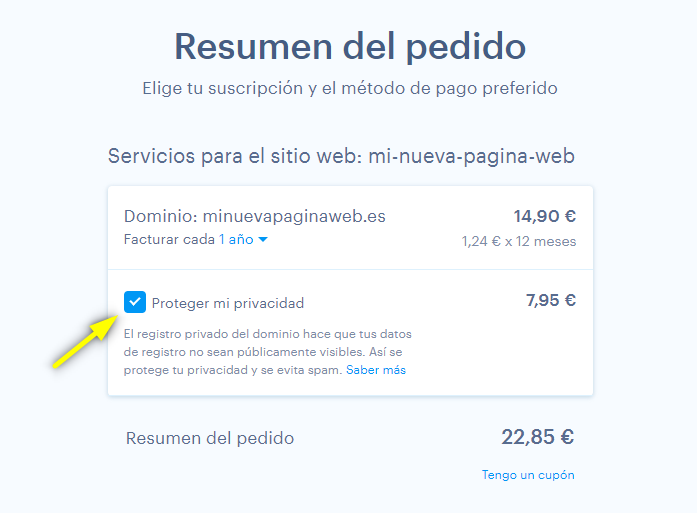 Para activar el registro privado, haga clic en la casilla Proteger mi privacidad