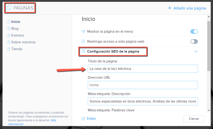 SEO en el creador de páginas web Webnode